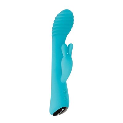 Vibrator mit Klitorisreizer USB Rillen Blau Aqua Bunny