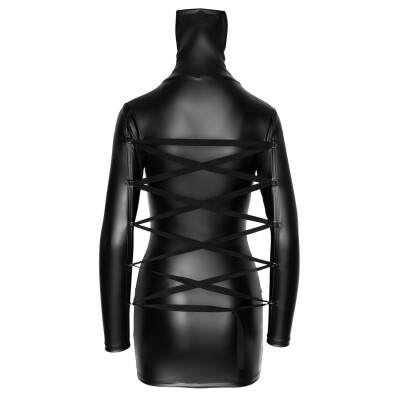 Langarm Kleid XL mit hohem Kragen und Bondage Ringen Mattlook Schwarz