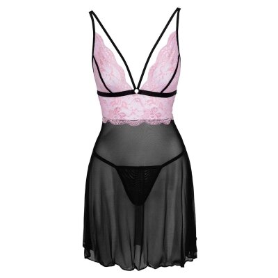Babydoll schwarz/rosa XL Sexy Dessous Set Transparent