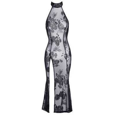 Langes Kleid XL Schwarz Transparent Powernet Blütendesign