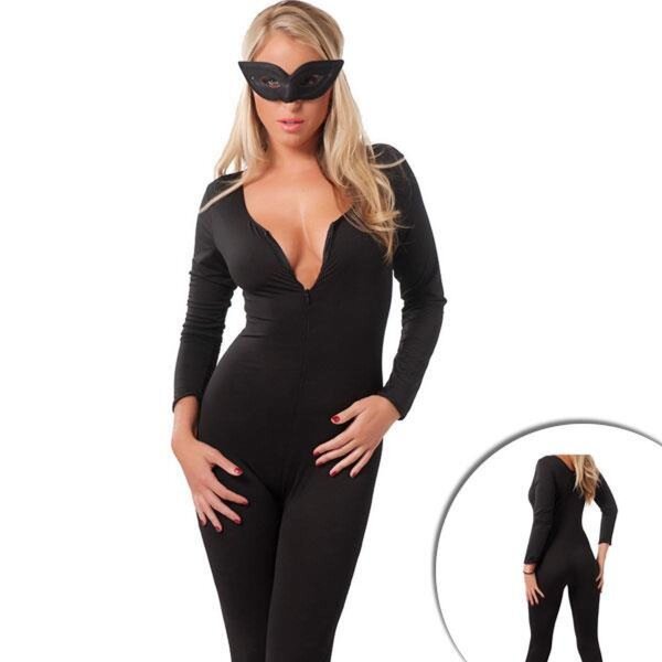 Catsuit Kostüm Damen-Overall Ganz-Körper-Anzug mit Maske in schwarz Gr.S-L