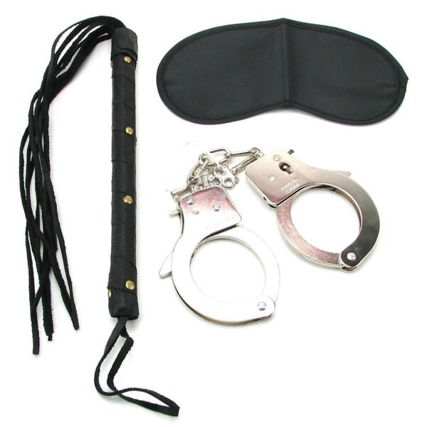 Fetisch Set 3 teilig Handschellen, Augenbinde Flogger ideal für Bondage Anfänger