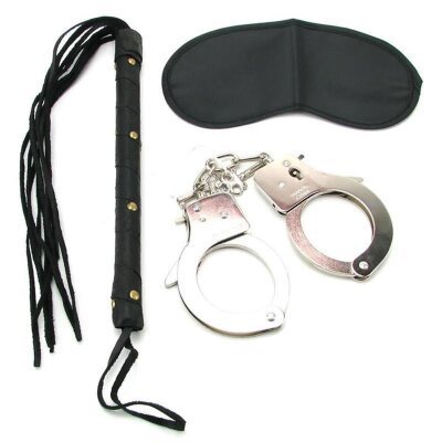 Fetisch Set 3 teilig Handschellen, Augenbinde Flogger ideal für Bondage Anfänger